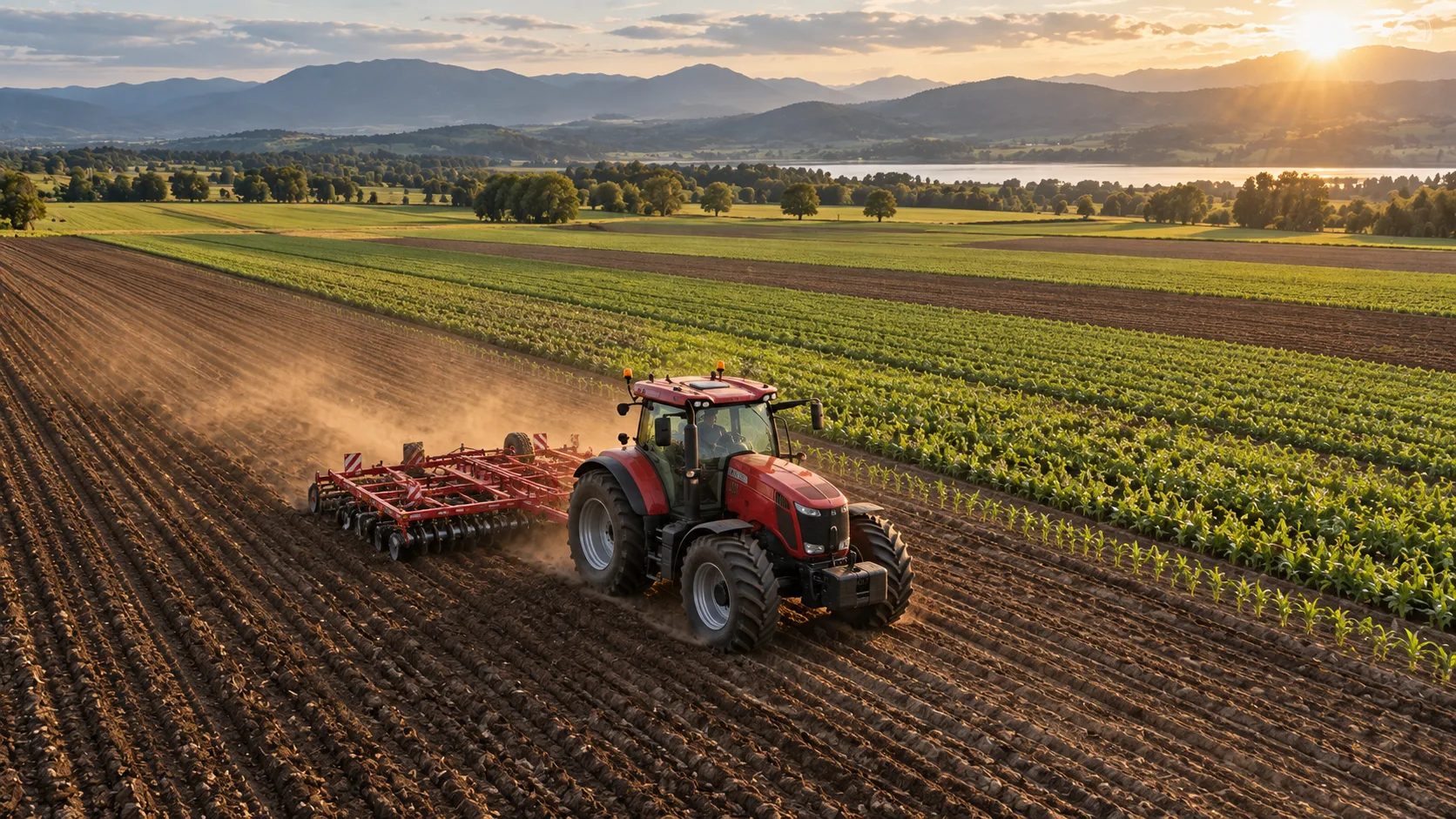 AI concept illustration of a tractor cultivating expansive farmland