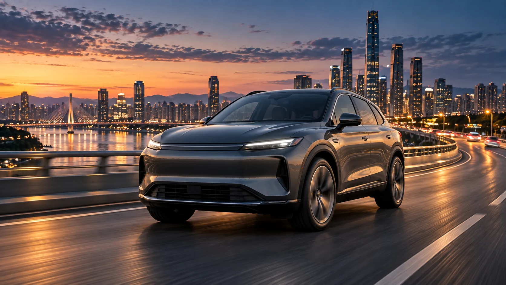 AI concept illustration of an electric crossover on an urban road at dusk