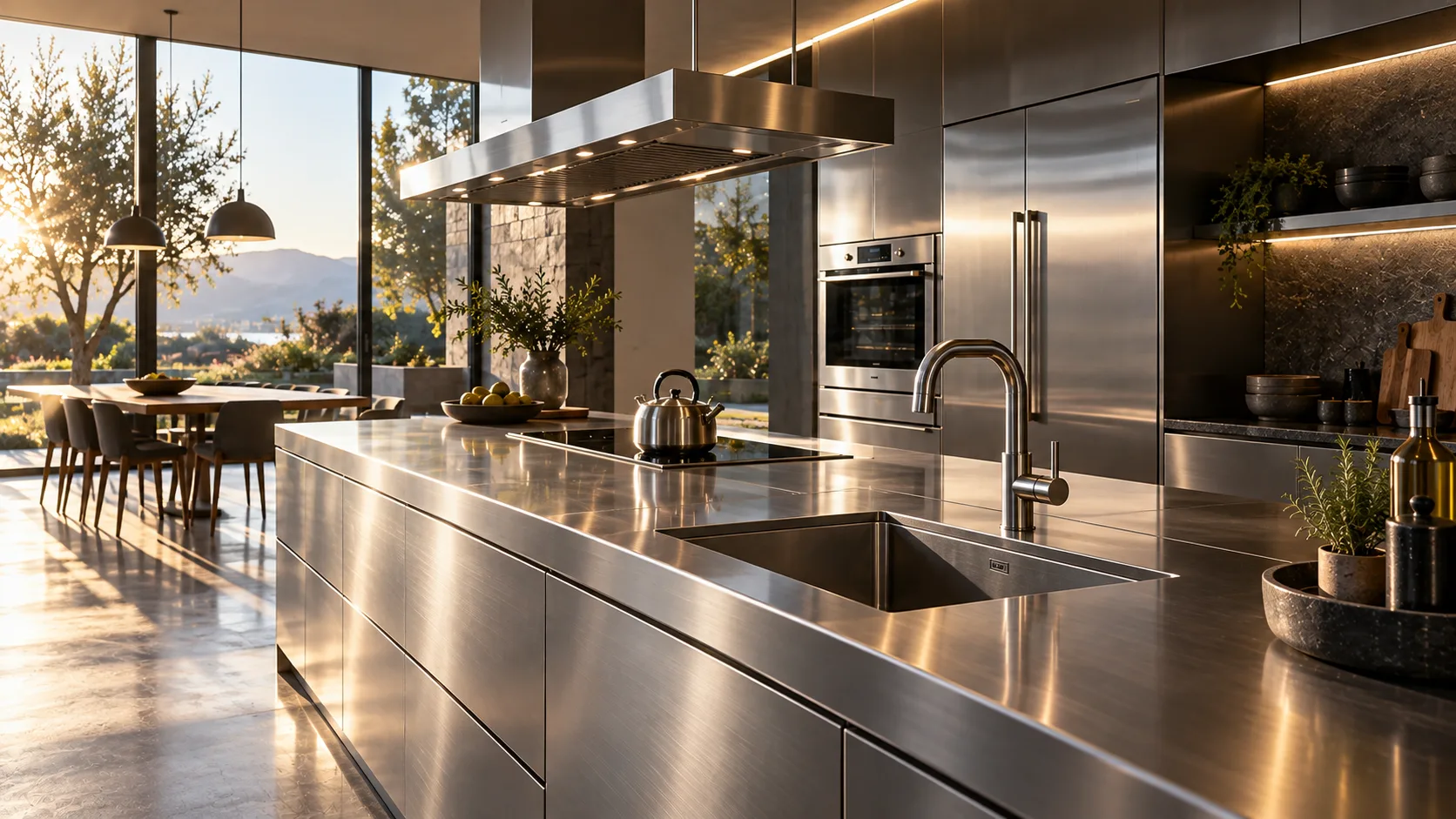 AI concept illustration of a contemporary stainless steel kitchen with a sink and kettle