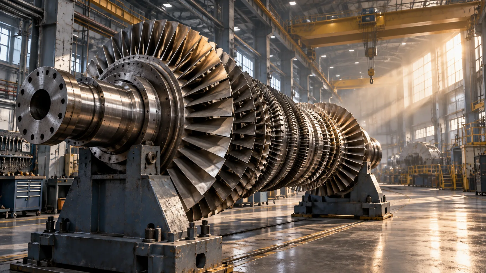 AI concept illustration of a large turbine rotor in an industrial maintenance workshop