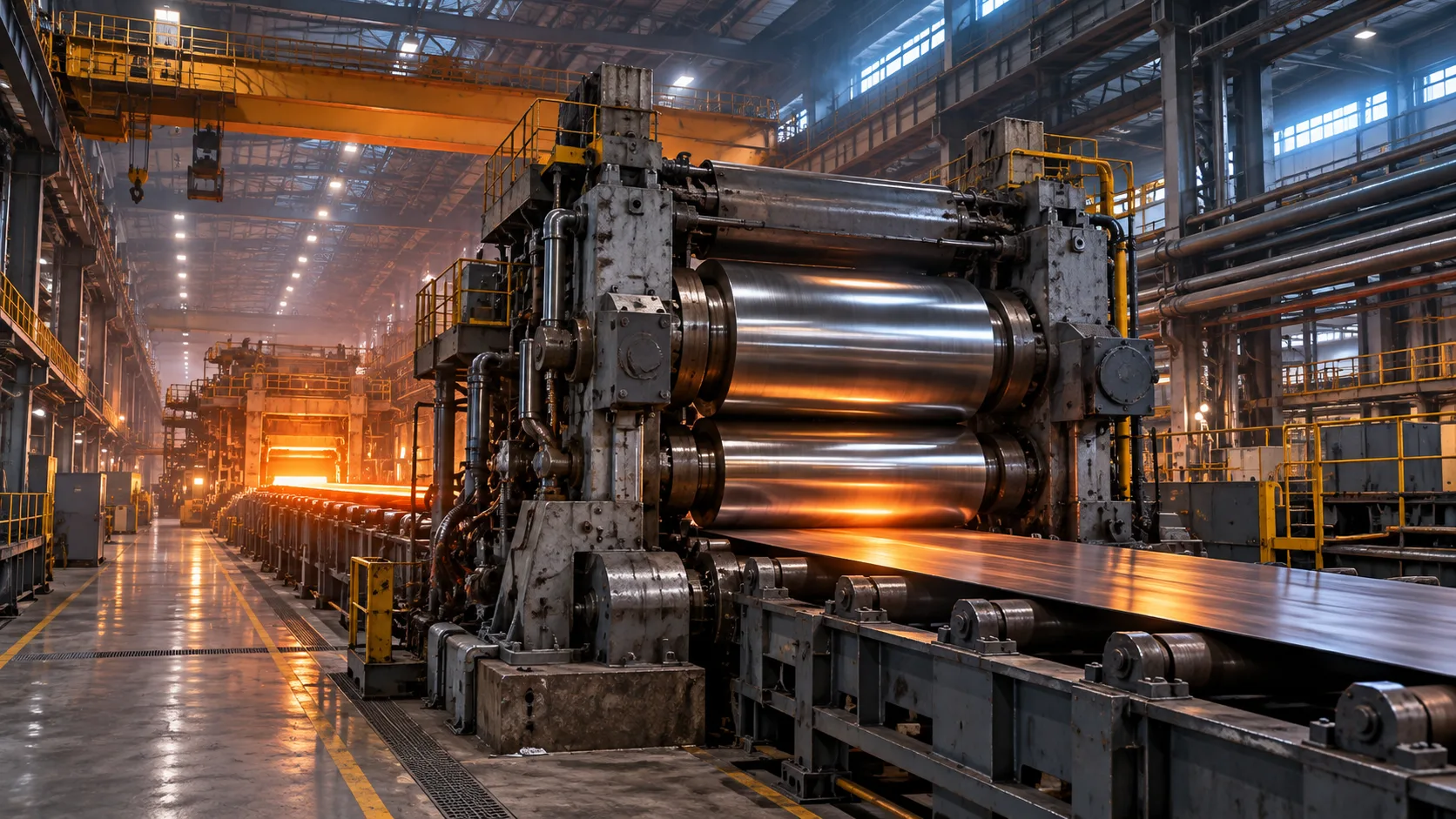 AI concept illustration of industrial rolls inside a steel rolling mill