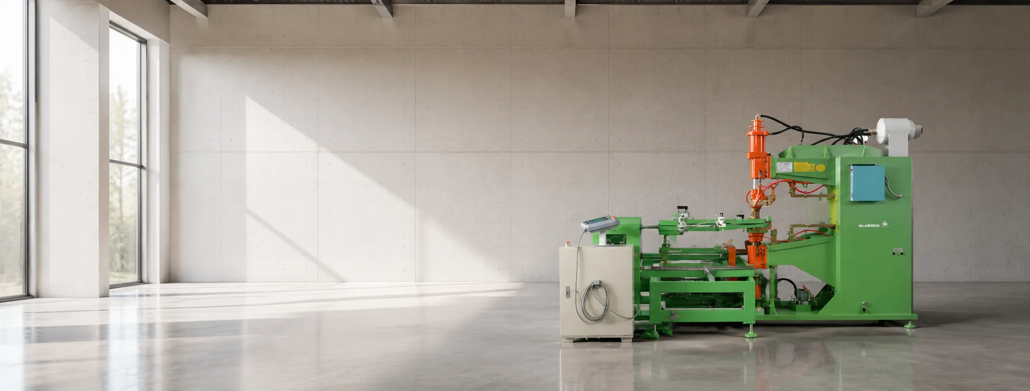 Green wire-basket production equipment in a modern concrete workshop