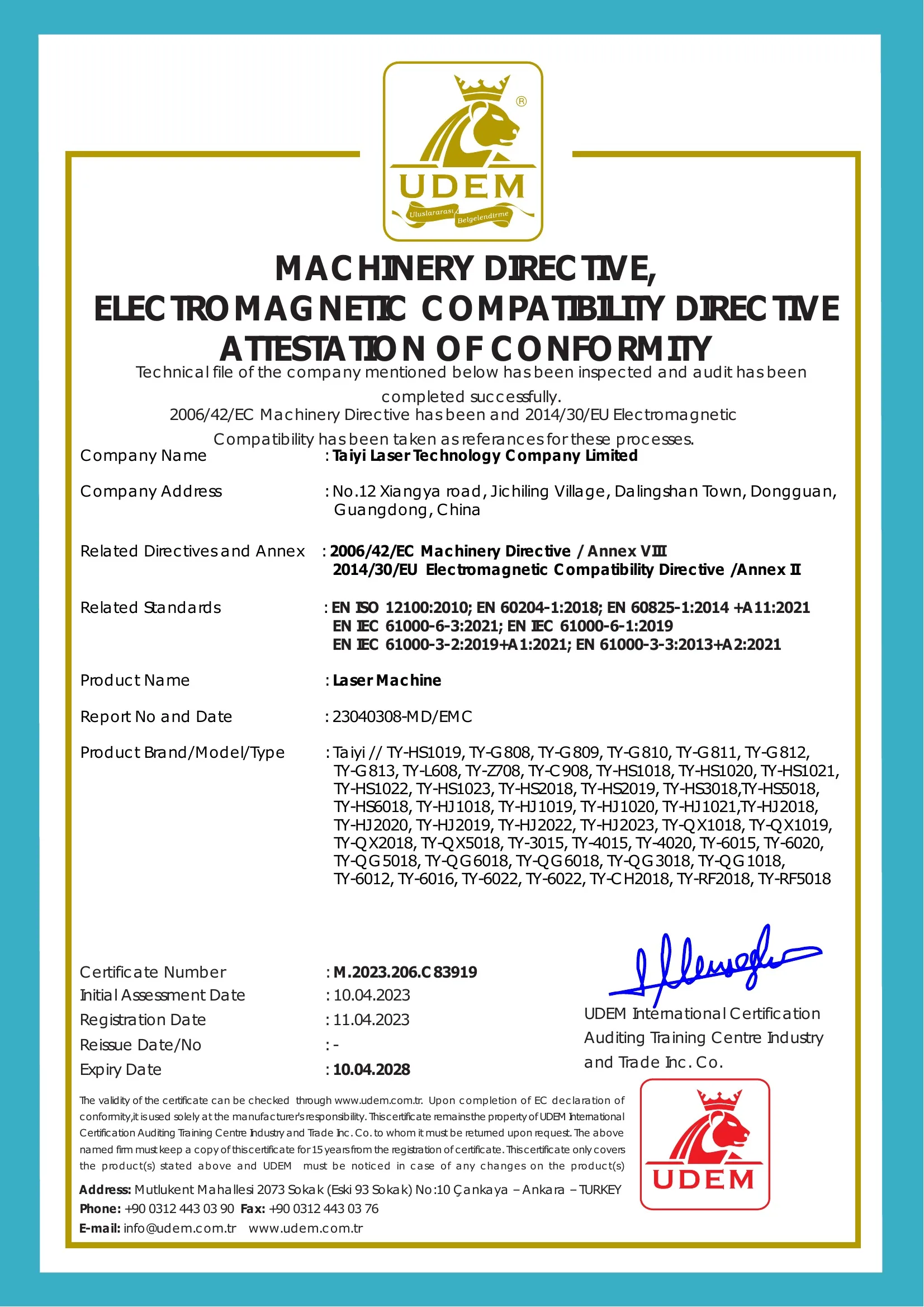 Machinery and electromagnetic compatibility attestation for listed Taiyi laser machine models
