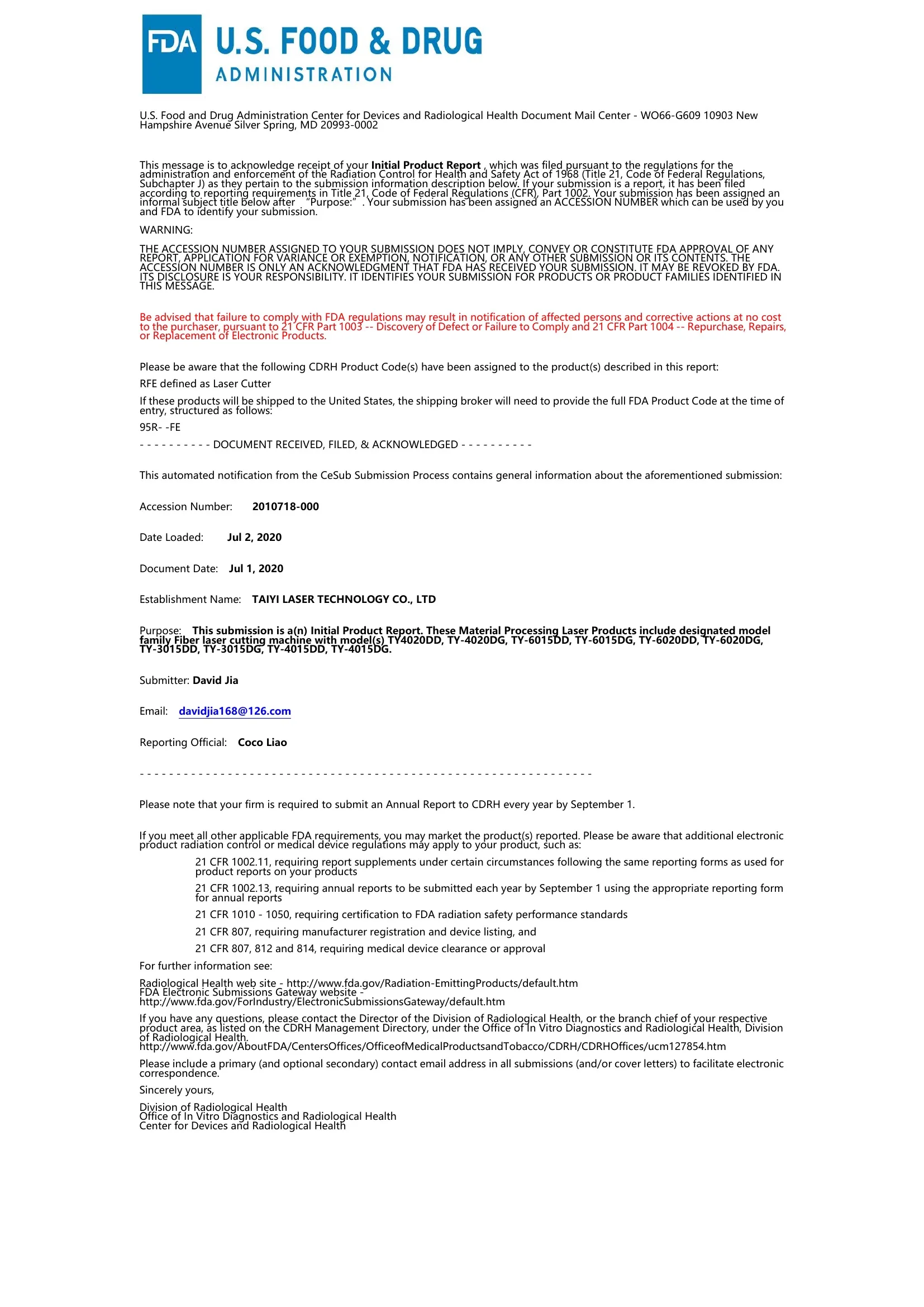 FDA CDRH acknowledgement of Taiyi Laser initial product report filing