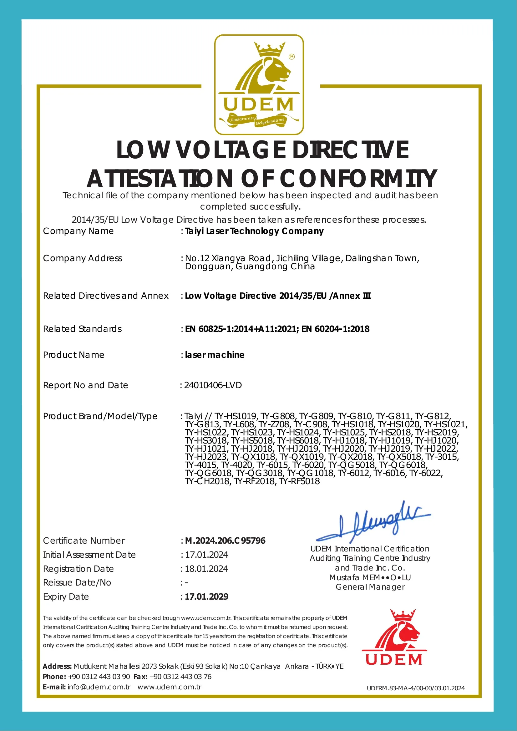 Low Voltage Directive attestation of conformity for listed Taiyi laser machine models
