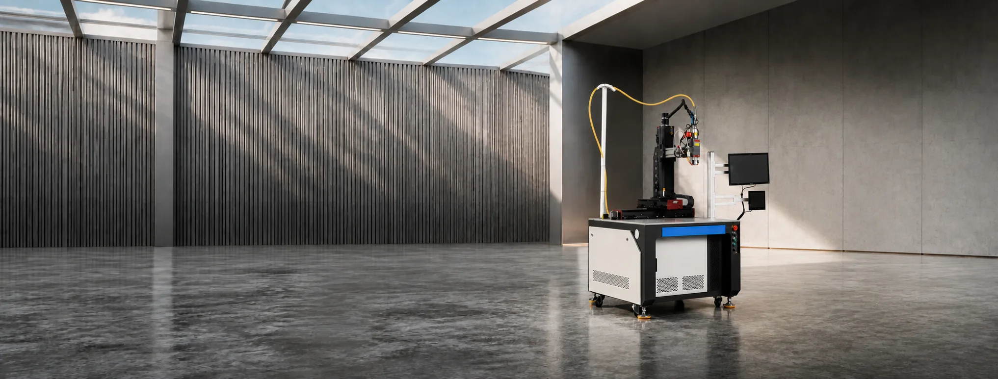 Automatic laser welding machine with column motion system and operator displays in an industrial studio