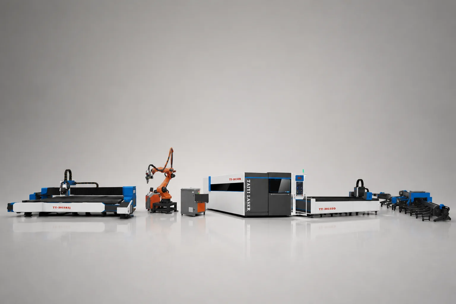 Five TAIYI machines lined up together: a ground-rail laser cutting machine, a robot laser welding cell, the enclosed TY-3015JB fiber laser cutting machine, the open-bed TY-3015DD and a three-chuck laser tube cutting machine