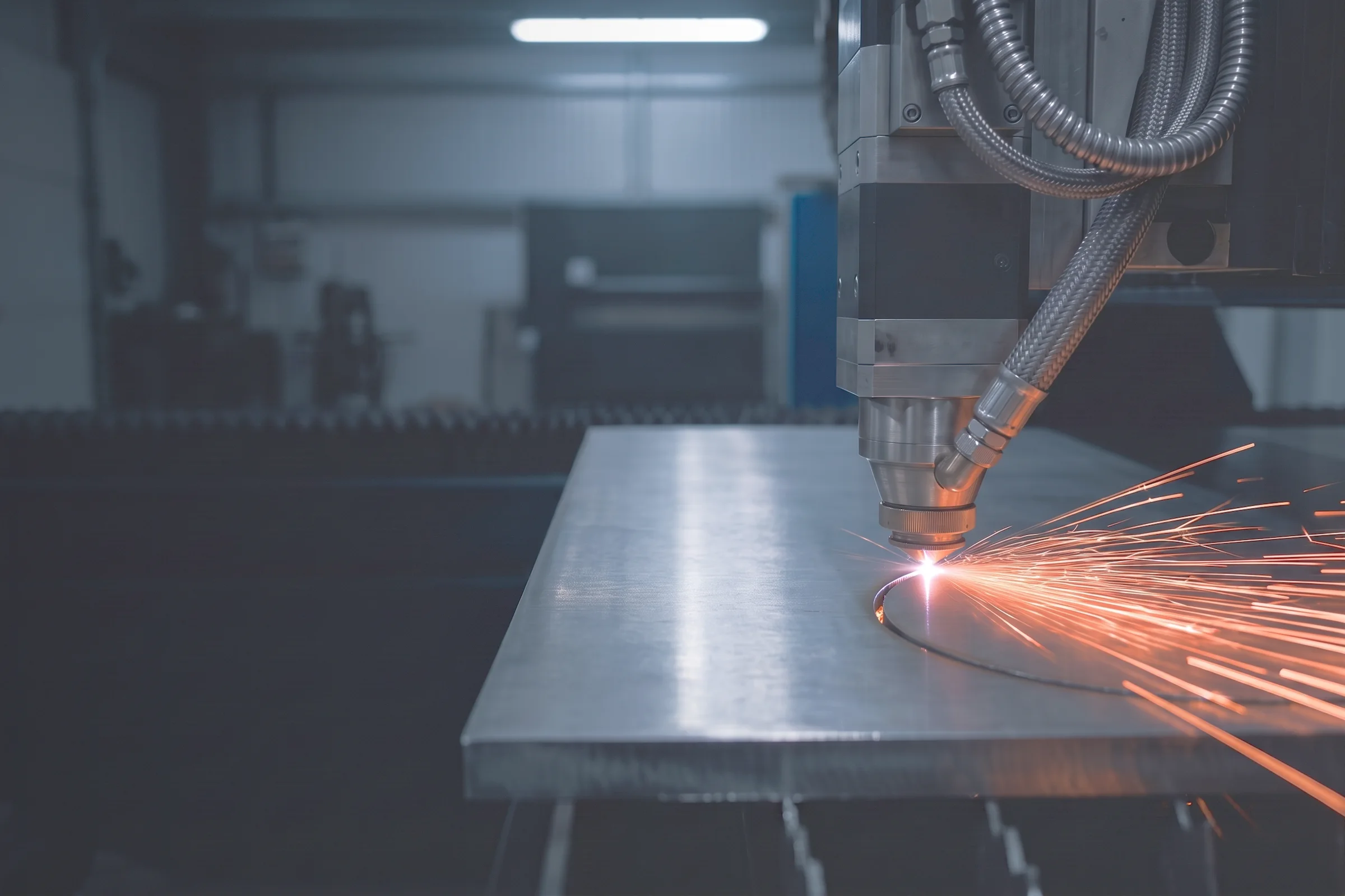A fiber laser cutting head cutting a contour in a thick stainless steel plate, with a fan of orange sparks coming off the kerf