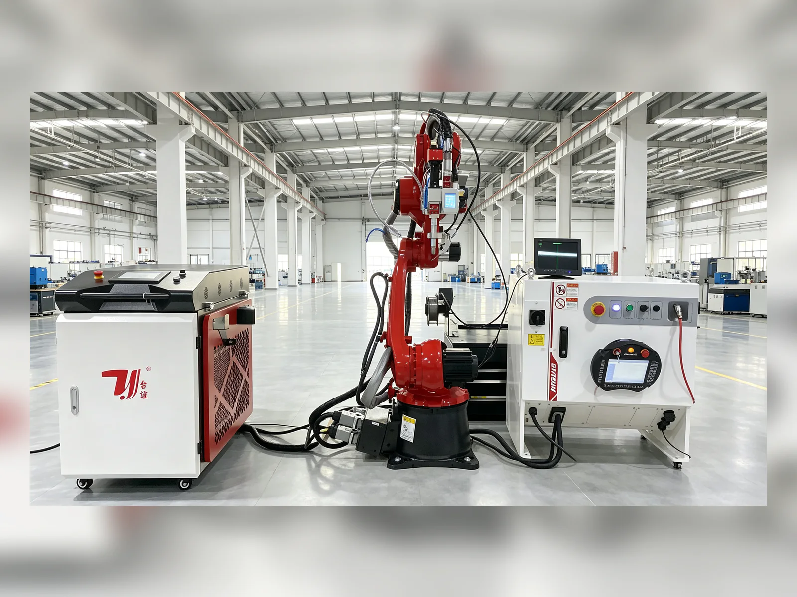 Six-axis robot laser welding workstation in a bright production workshop