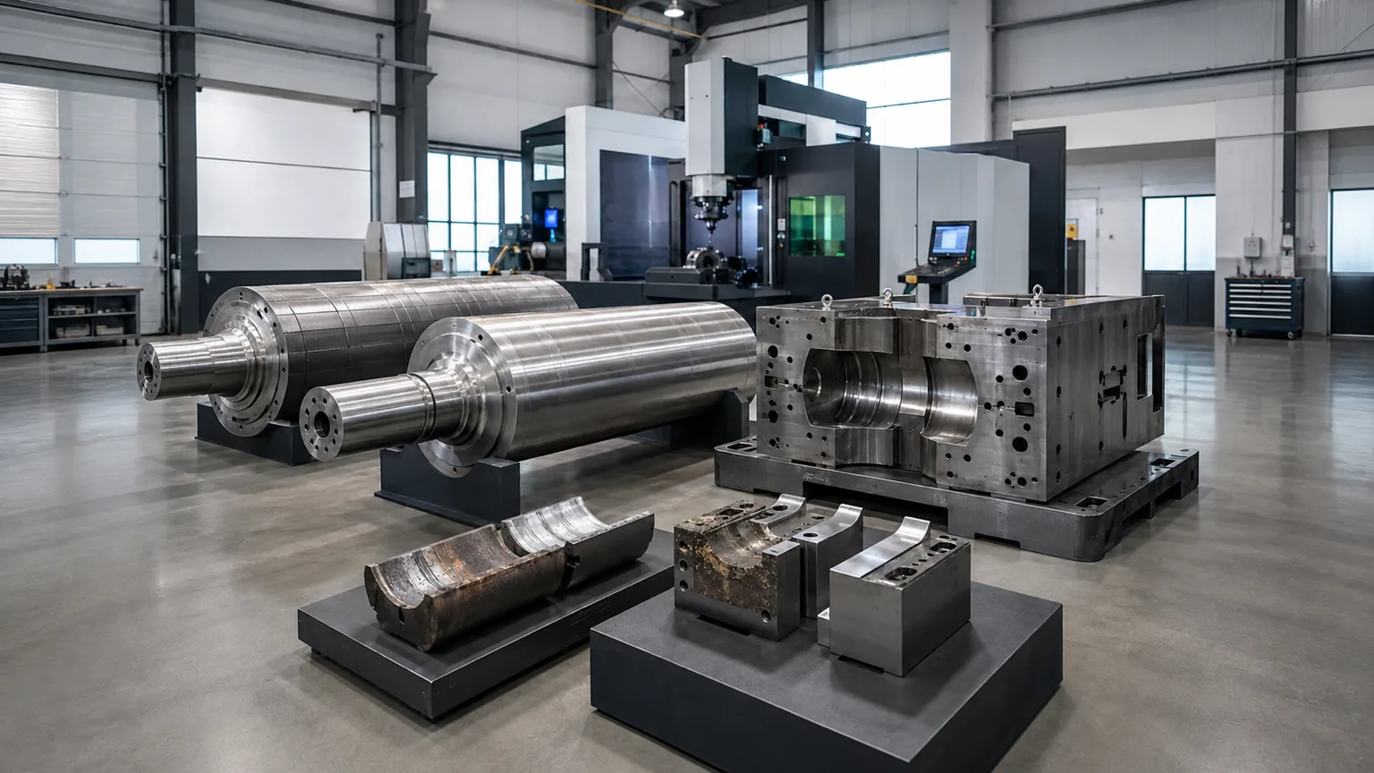 Steel industrial rolls and mold cavities in a machining workshop