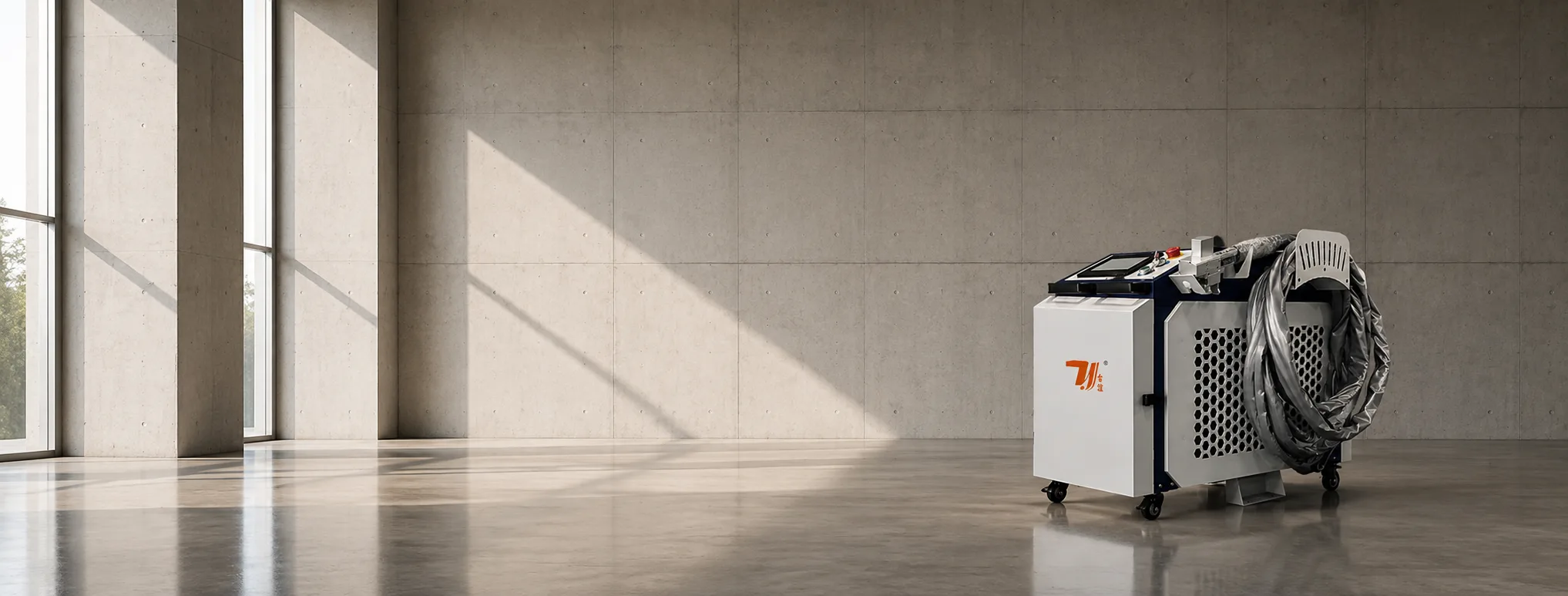 Industrial laser cleaning machine with coiled cleaning cable in a modern concrete workshop