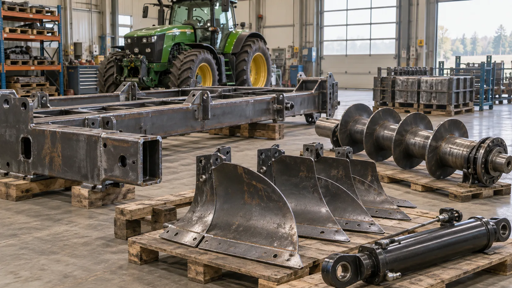 Agricultural chassis, plough blades, auger and hydraulic cylinder in a workshop