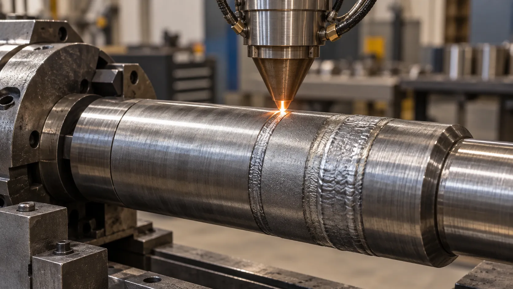 Laser cladding process depositing a repair track on a cylindrical steel shaft