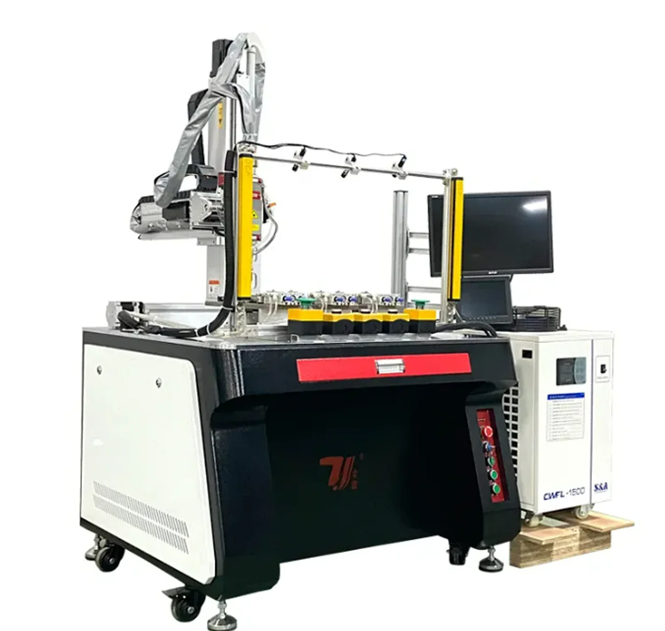 Multi-station kettle spout laser welding machine with rotary fixture positions, welding head and water chiller