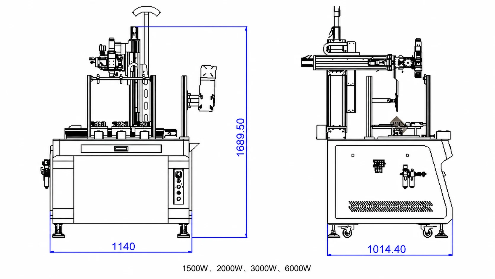 Front and side reference drawing of the multi-station kettle spout laser welding machine