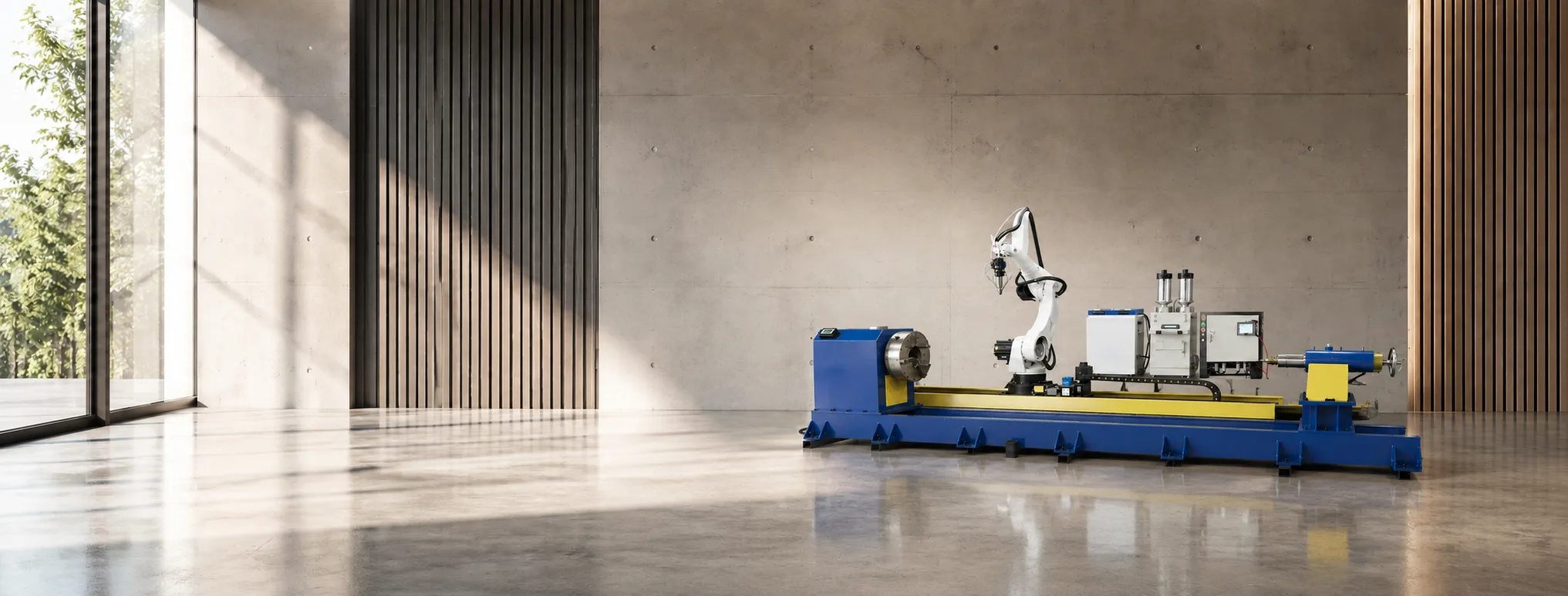 Robot laser cladding system with rotary workholding equipment in a modern industrial studio