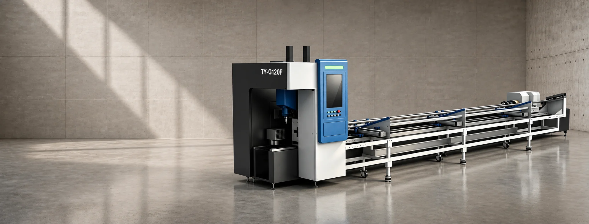 TY-G120F laser tube cutting machine with feeding rack against a warm-gray concrete studio background