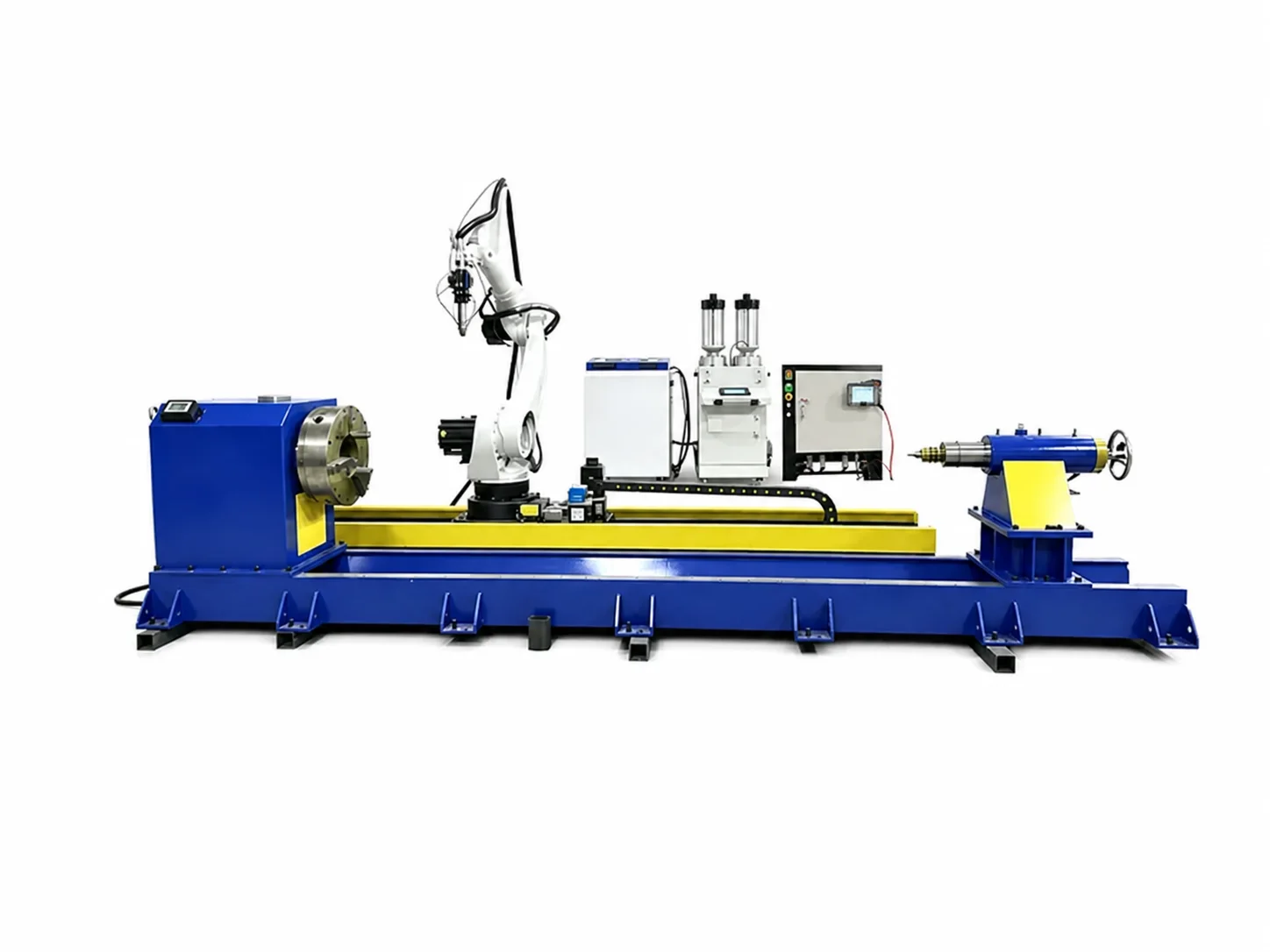 Robot laser cladding station on a linear track with headstock and tailstock