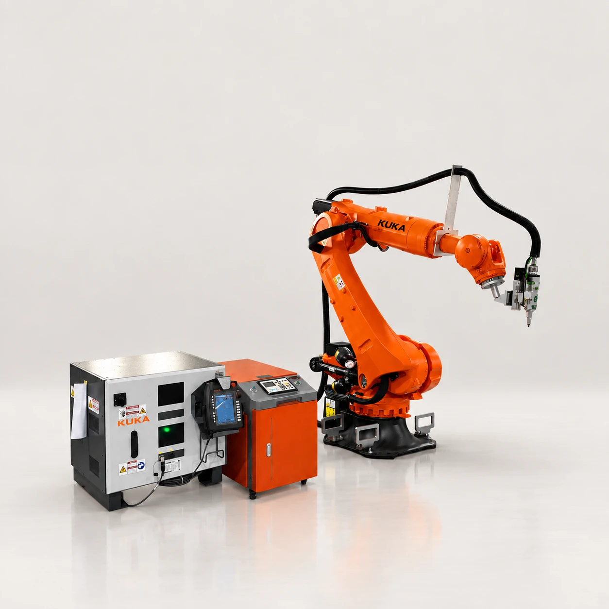 TY-QG5018 robot laser cutting machine with orange six-axis arm and control cabinets