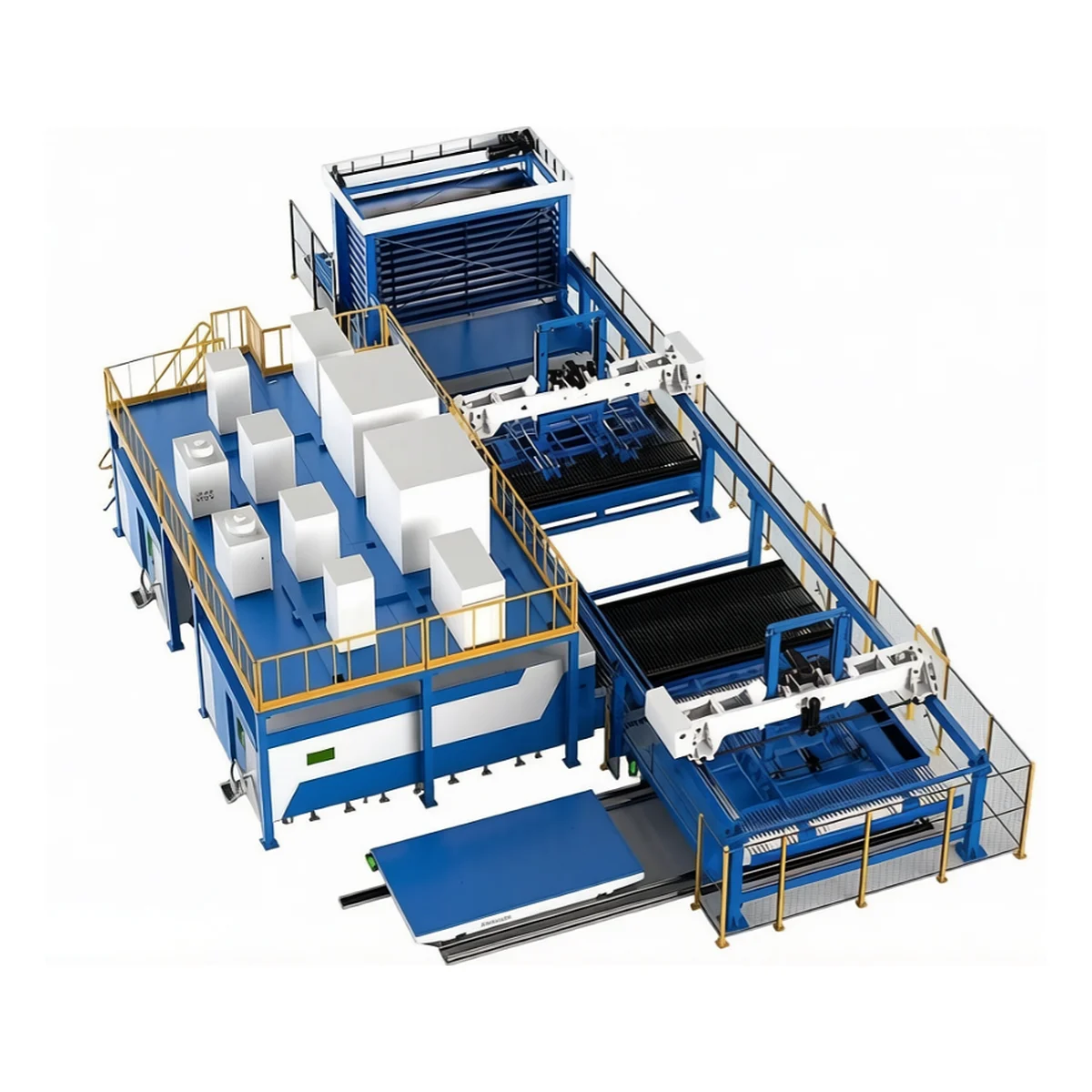 SM-series-02 automatic sheet loading and unloading system with multiple laser cutting workstations and a sheet-storage rack