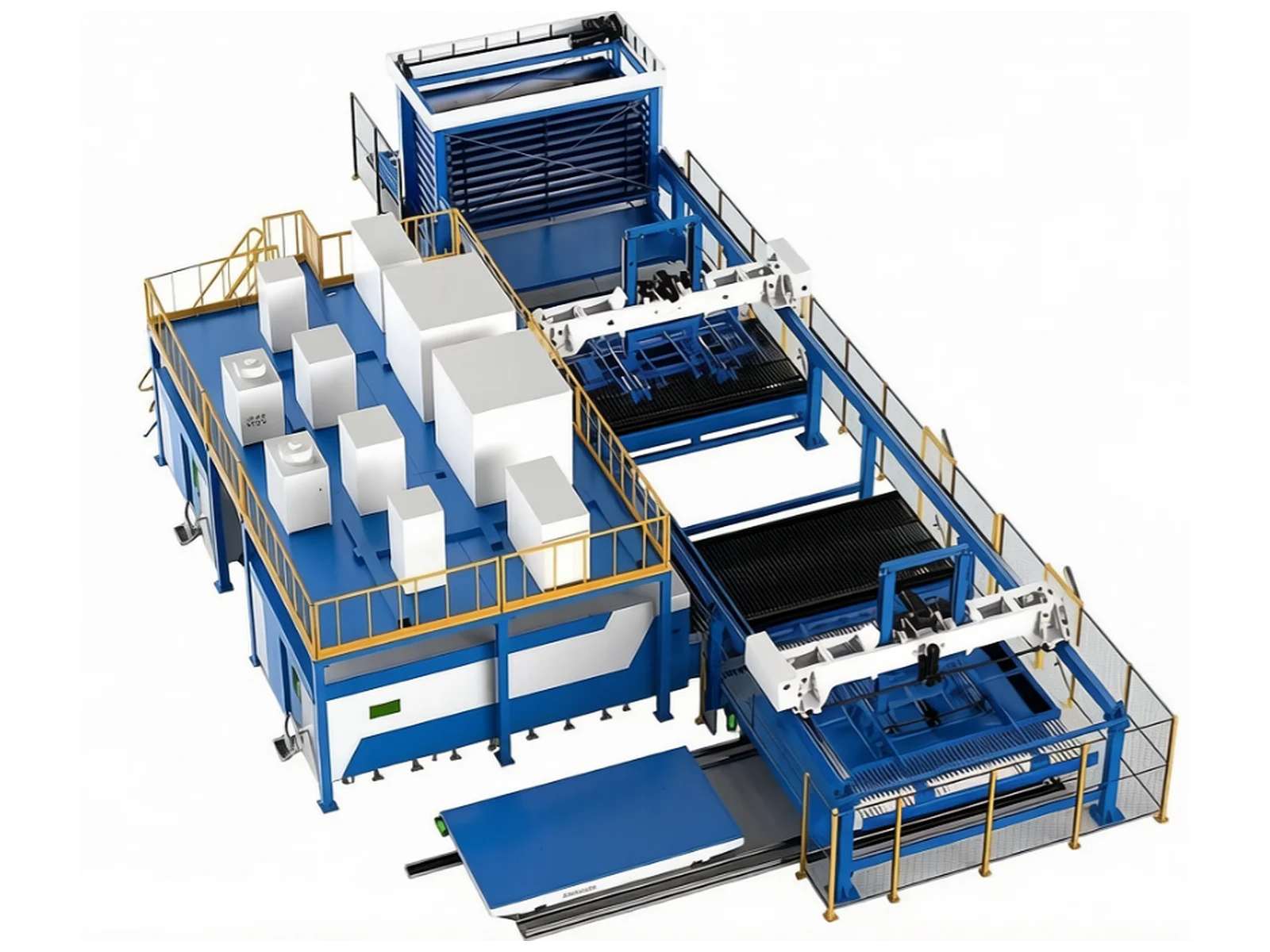 SM-series-02 automatic sheet loading and unloading system with multiple laser cutting workstations and a sheet-storage rack