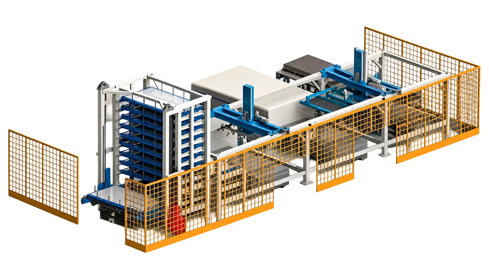 Background-removed concept rendering of an SM-series-03 automatic sheet-storage tower connected to a laser cutting production line