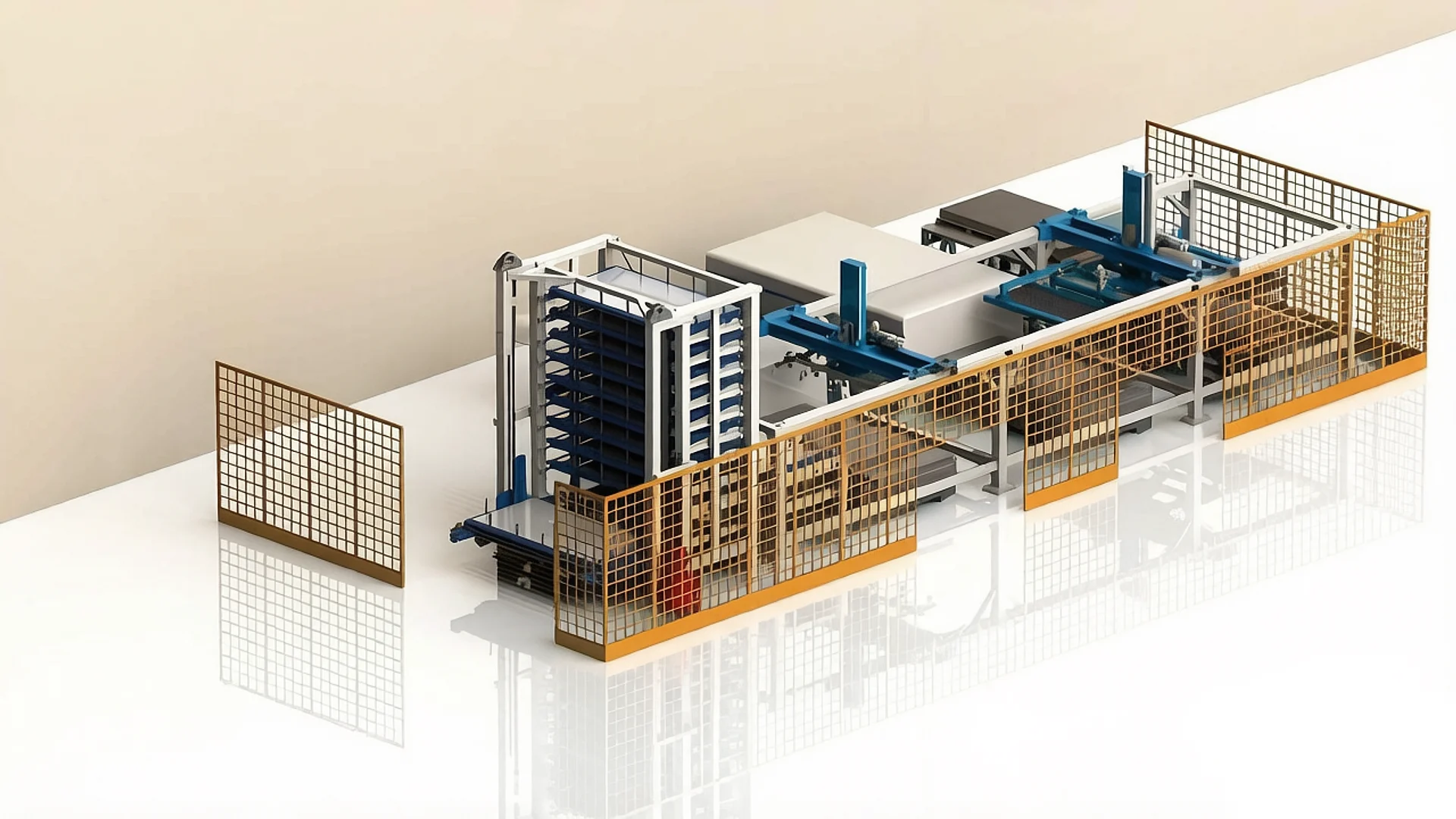 SM-series-03 automatic sheet-storage tower connected to a laser cutting production line