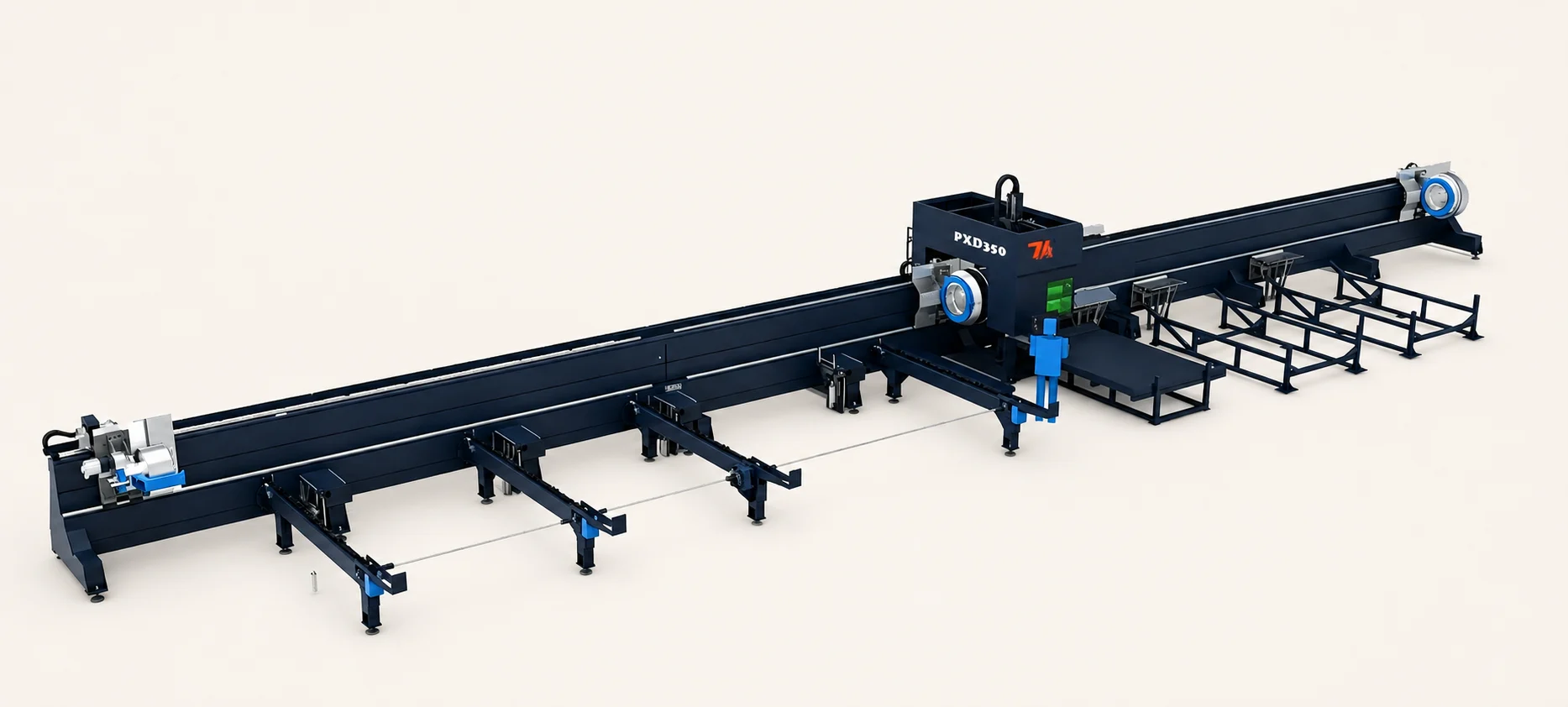 TY-28025 three-chuck laser tube cutting machine showing the long machine bed and workholding system