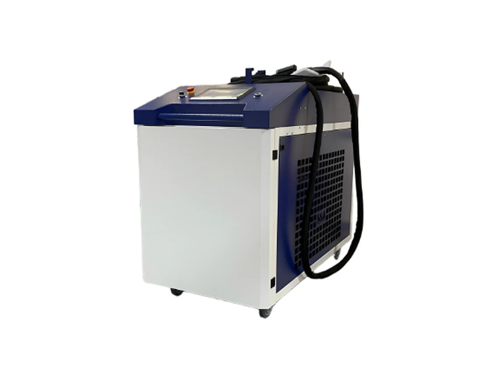 TY-HS1022 blue and white water-cooled continuous laser cleaning machine with touchscreen, top controls, ventilation panel, coiled cable and caster wheels