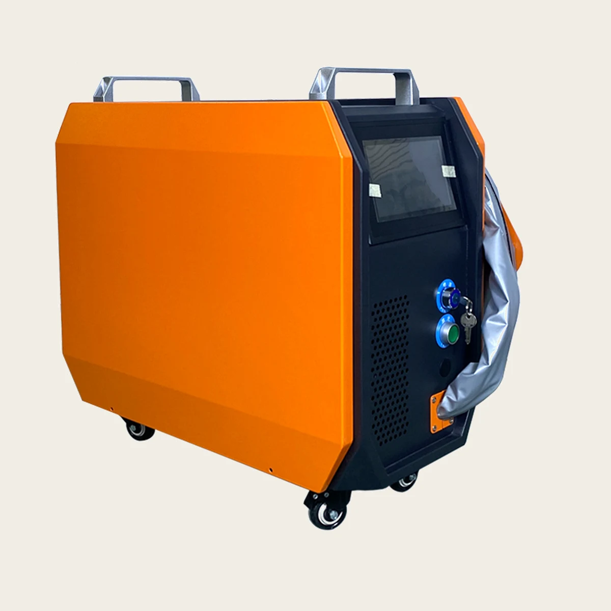 TY-HS1023 orange and black air-cooled continuous laser cleaning machine with touchscreen, top handles, side-mounted cleaning head sleeve and caster wheels