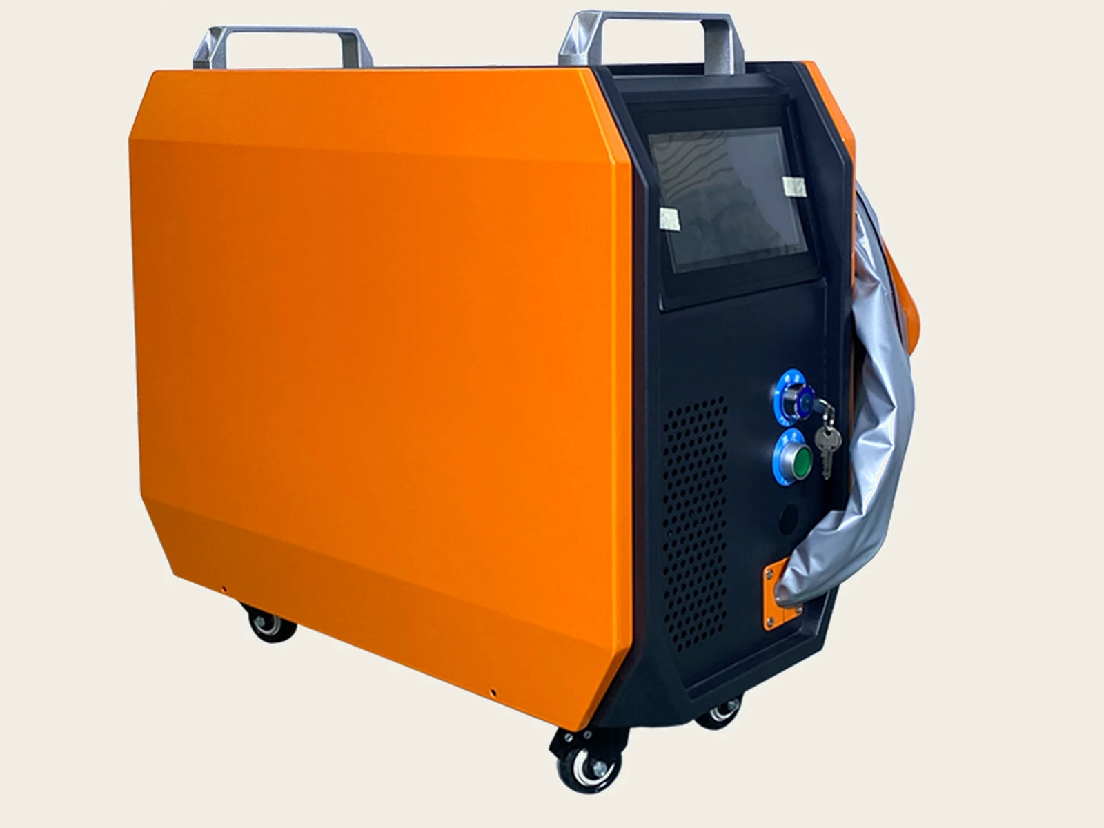 TY-HS1023 orange and black air-cooled continuous laser cleaning machine with touchscreen, top handles, side-mounted cleaning head sleeve and caster wheels