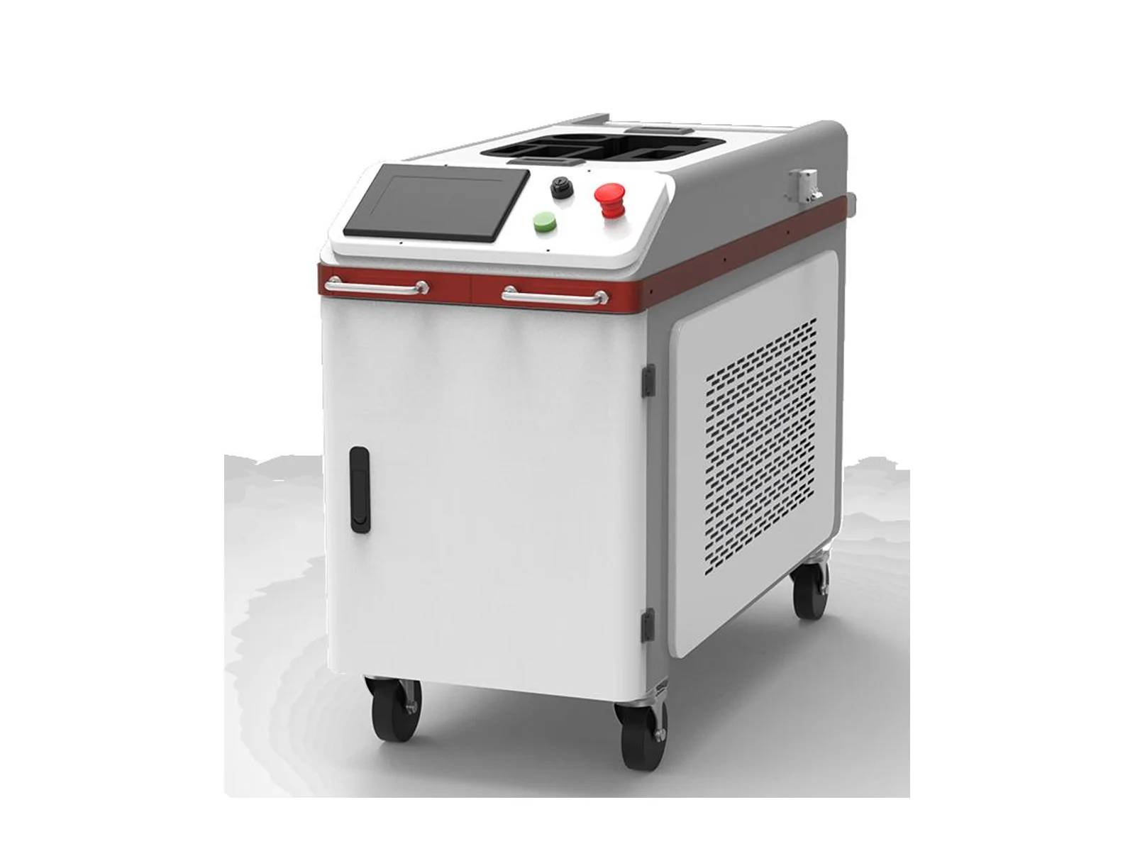 TY-QX1019 water-cooled cabinet single-mode pulsed laser cleaning machine with touchscreen, control buttons, ventilation panel and caster wheels