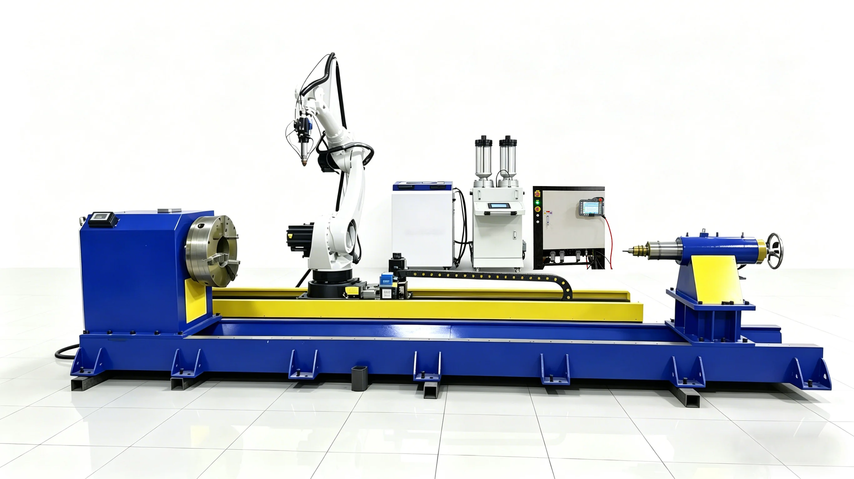 TY-RF5018 internal-wall laser cladding machine with white robot, blue and yellow linear rail and rotary workholding