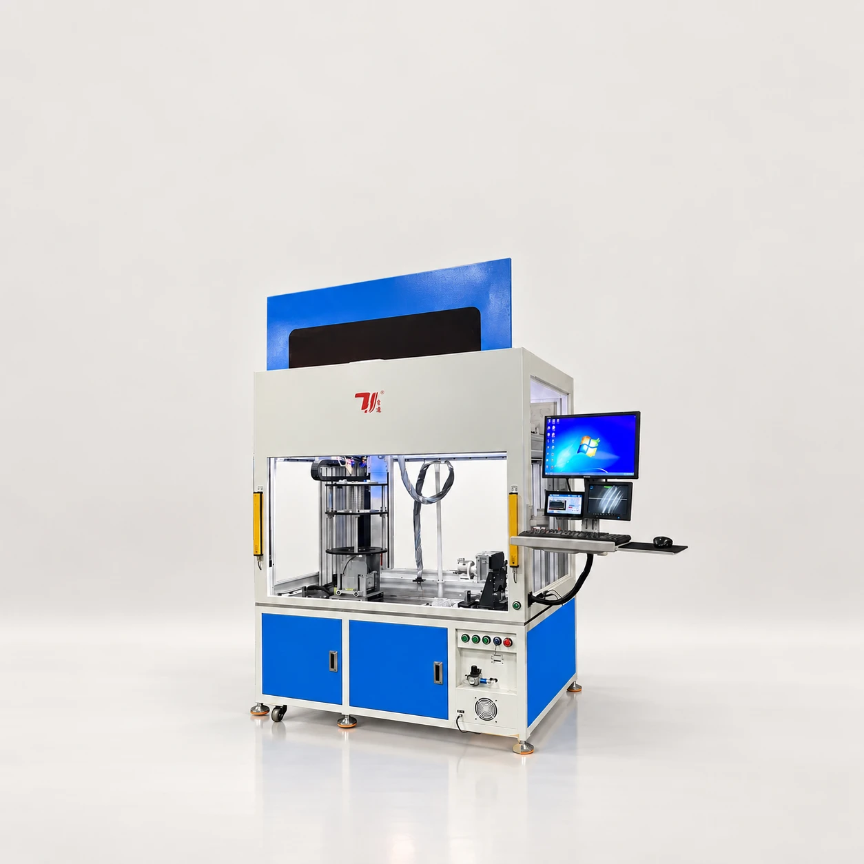 Blue and white bellows laser welding machine with rotary fixture and operator displays