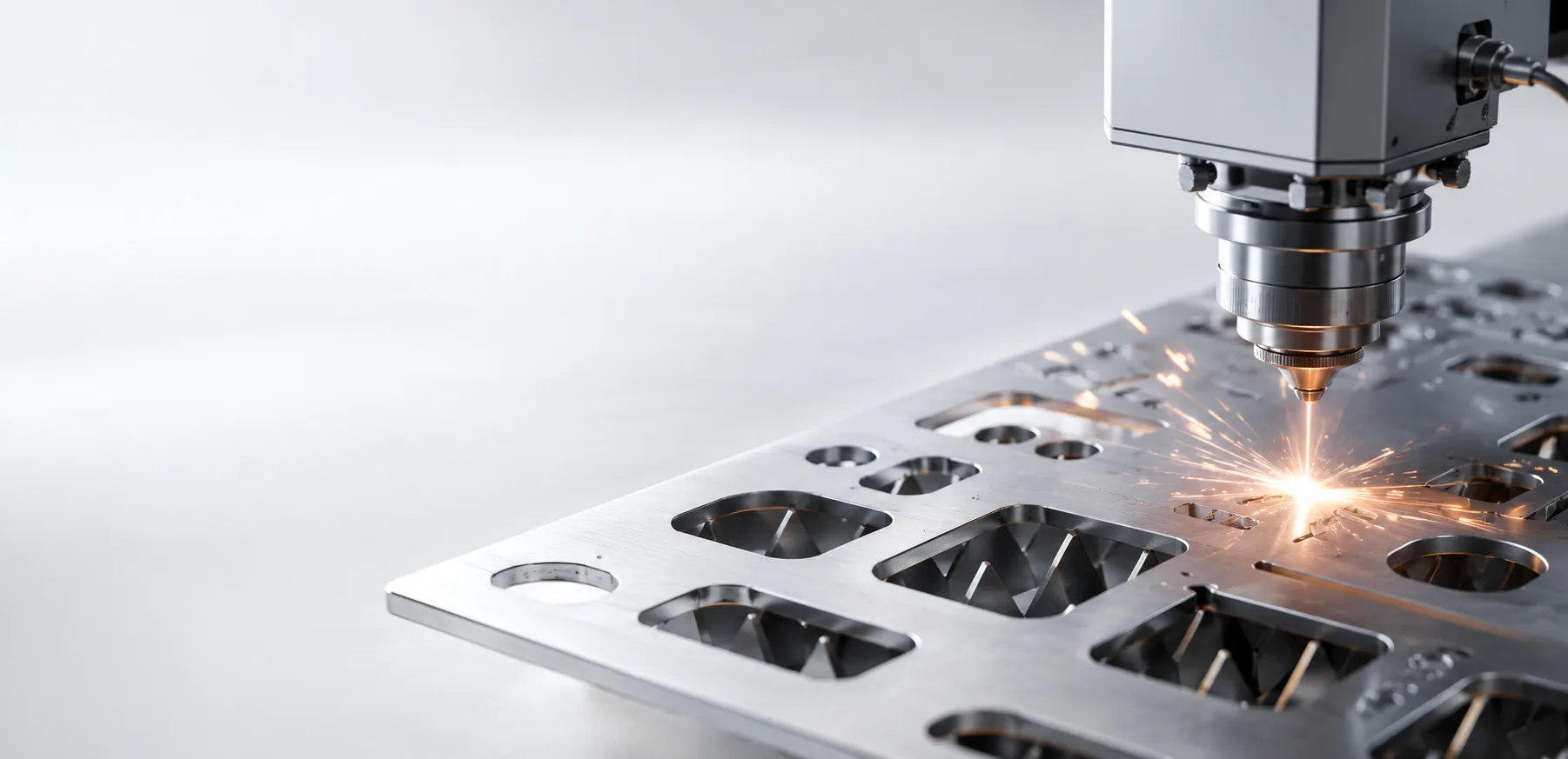 Fiber laser cutting head processing a precision-cut metal sheet
