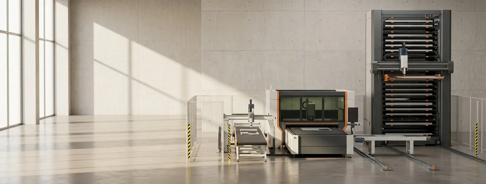 Concept visualization of an integrated sheet-metal smart factory with automated storage, laser cutting and material transfer