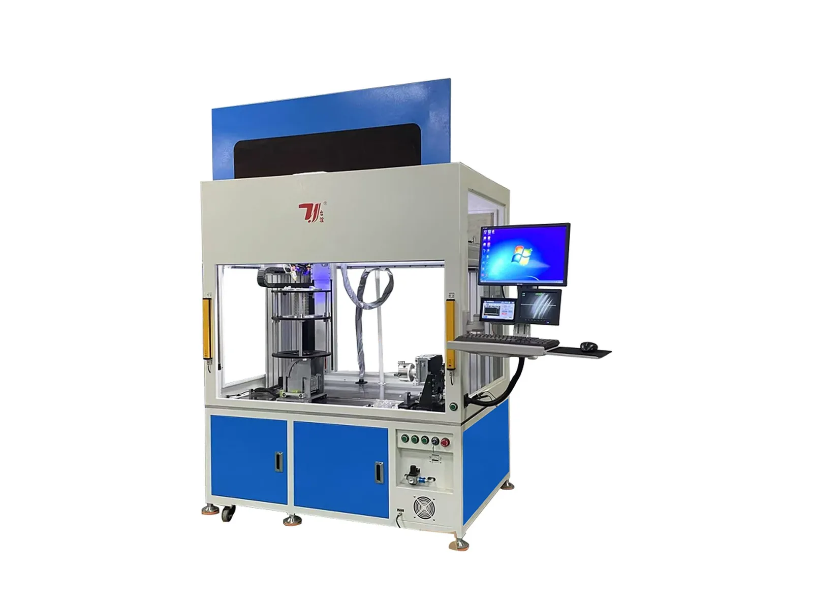 Blue and white enclosed bellows laser welding machine with rotary fixture, CCD displays and operator controls