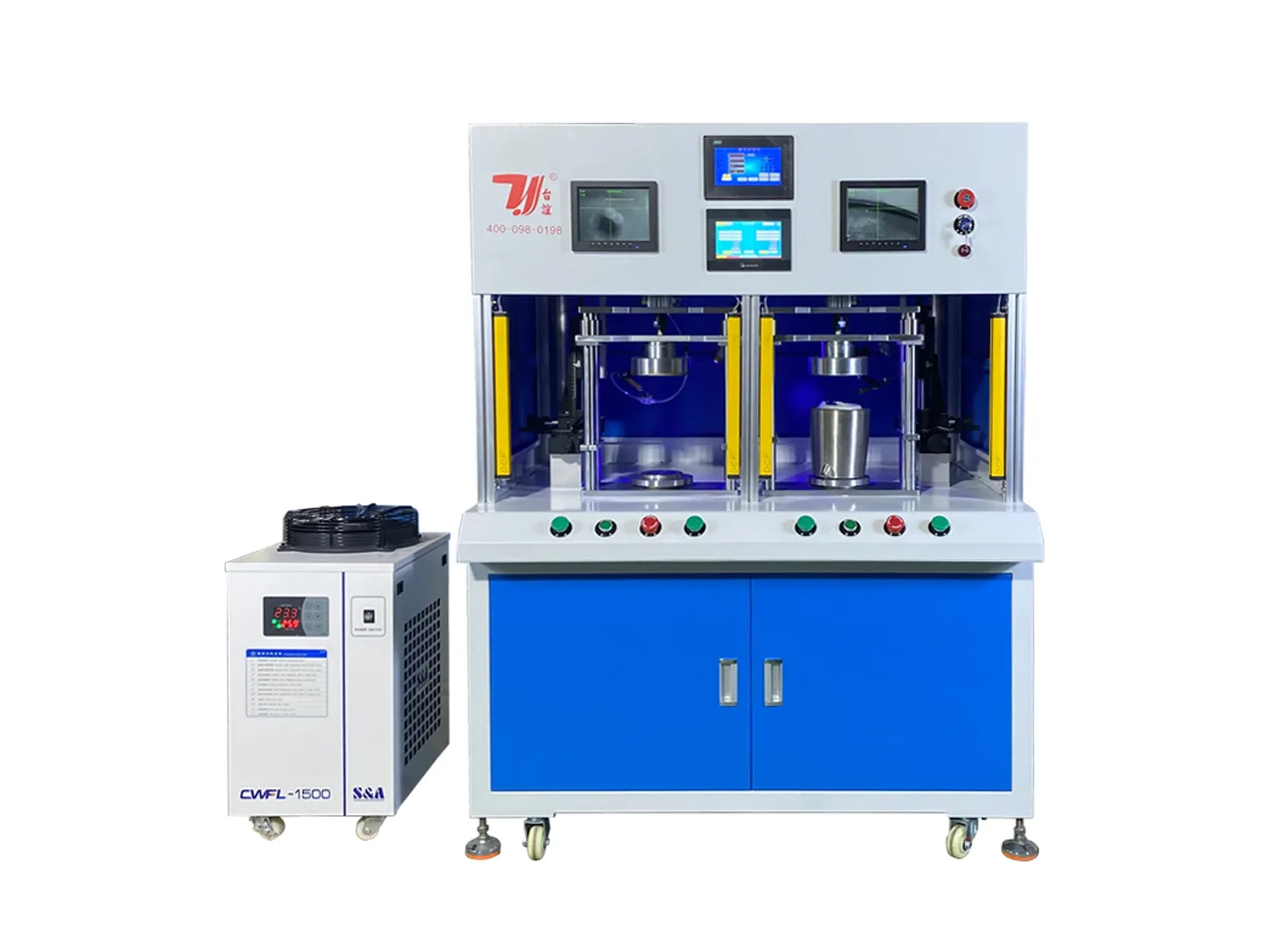 Double-station kettle bottom laser welding machine with two guarded fixtures and water chiller
