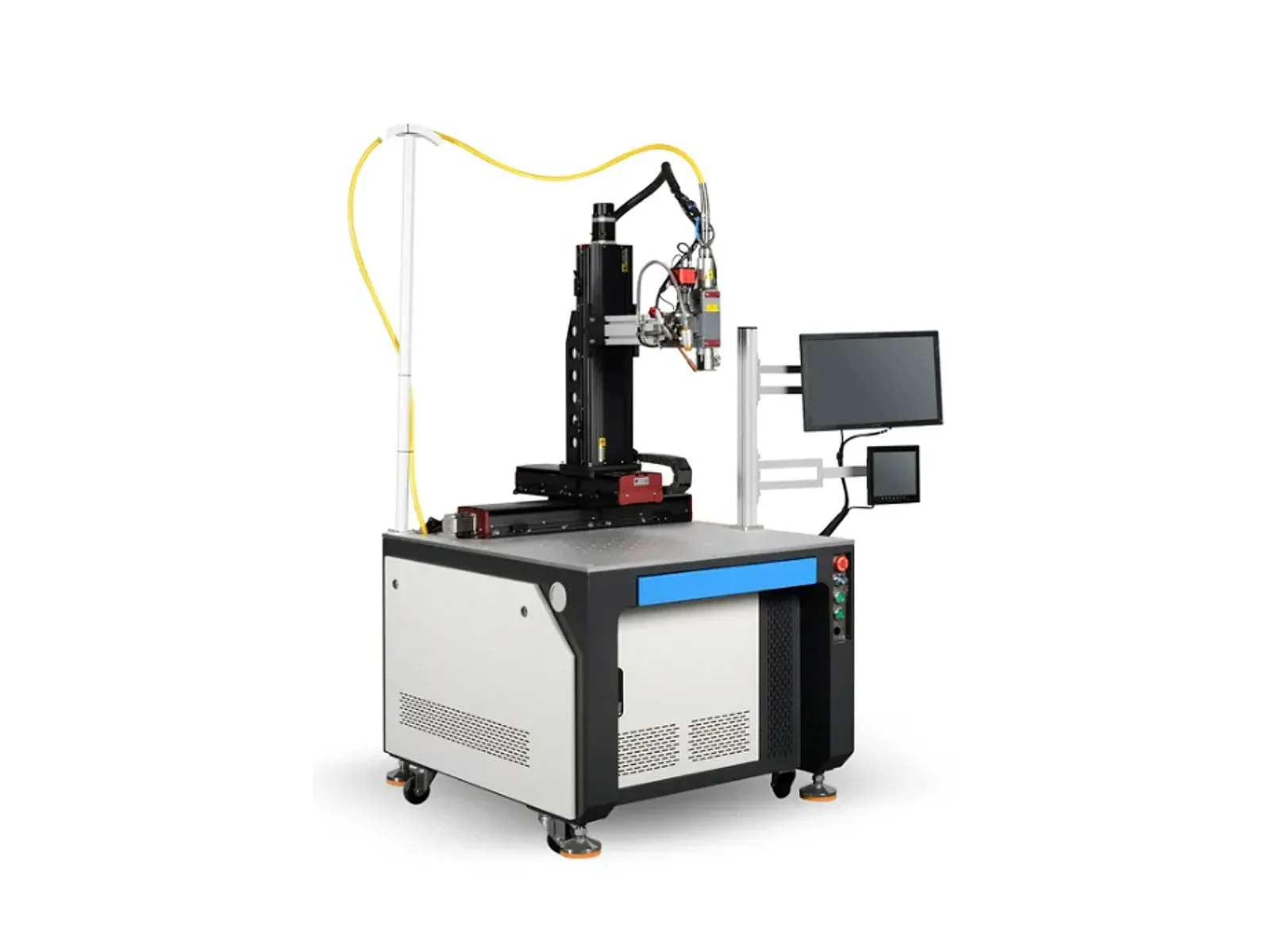 Four-axis automatic laser welding machine with enclosed base and linked motion stage