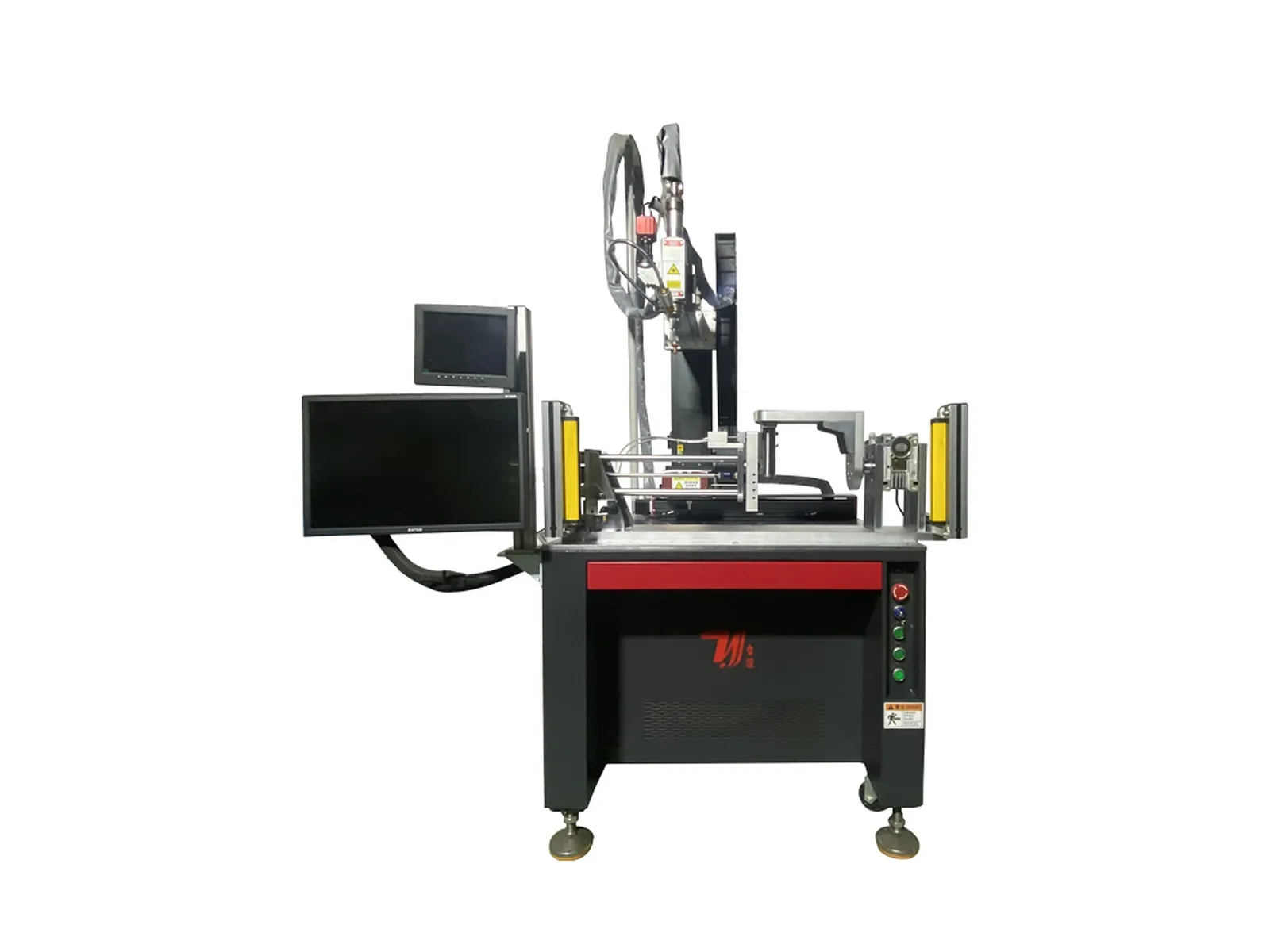 Black and red kettle spout laser welding machine with rotary fixture, CCD displays, welding head and safety light curtains