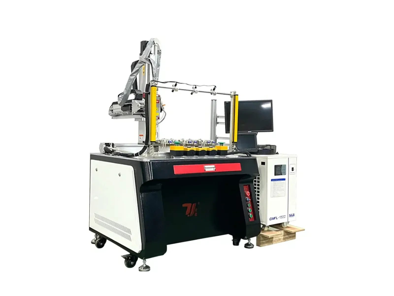 Multi-station kettle spout laser welding machine with rotary fixture positions, welding head and water chiller