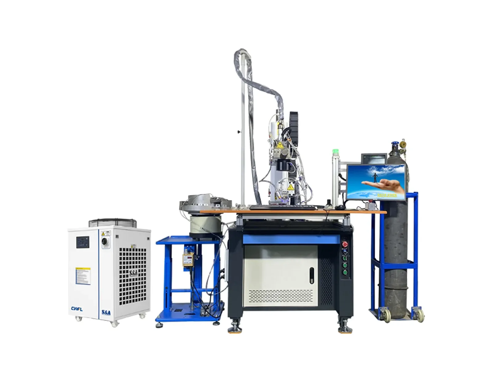 Sink clamp laser welding machine with circular fixture, water chiller and shielding-gas cylinder