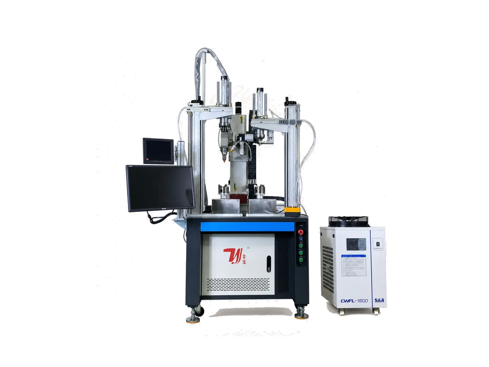 Dual-station tee pipe laser welding machine with two fixture stations, control displays and water chiller