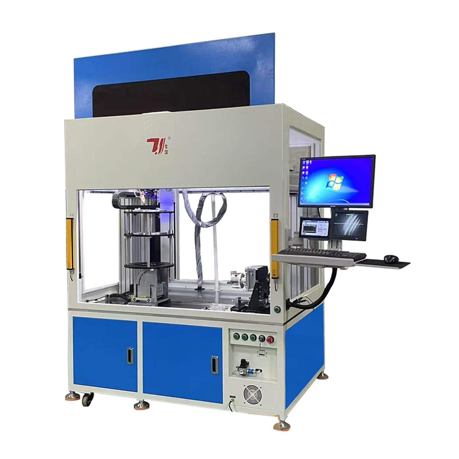 Blue and white enclosed bellows laser welding machine with rotary fixture, CCD displays and operator controls