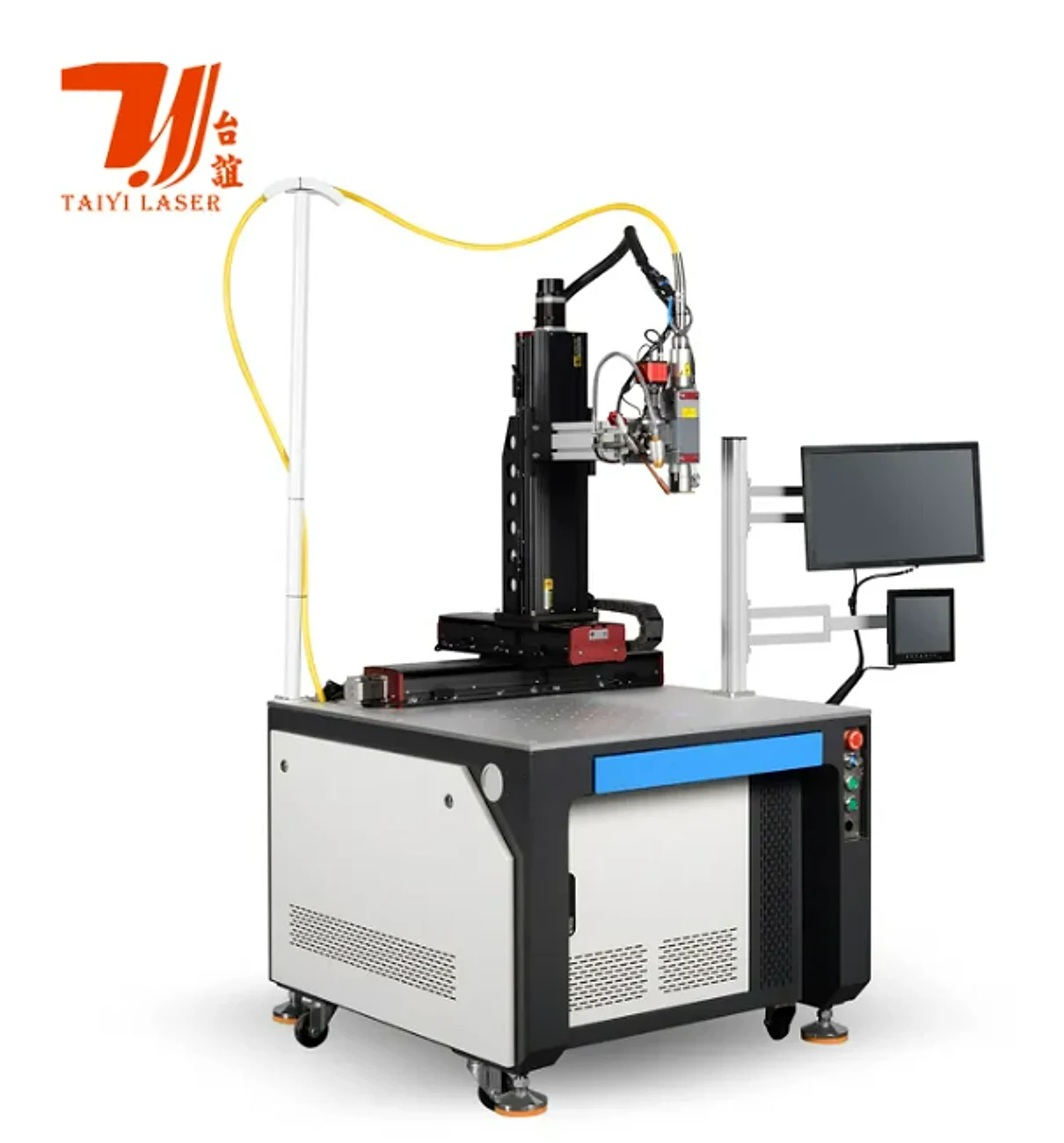 Four-axis automatic laser welding machine with enclosed base, motion stage and dual displays
