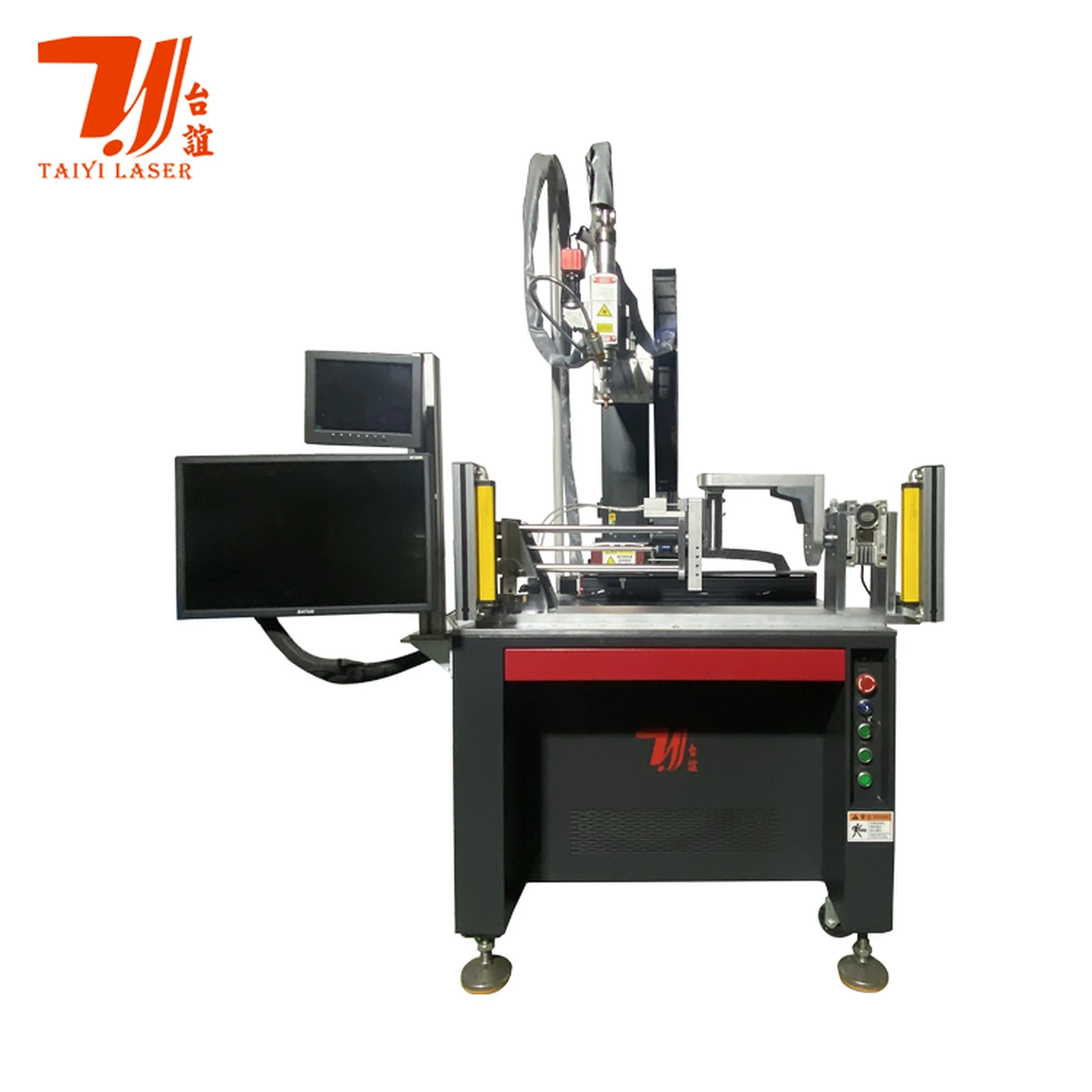 Black and red kettle spout laser welding machine with rotary fixture, CCD displays, welding head and safety light curtains