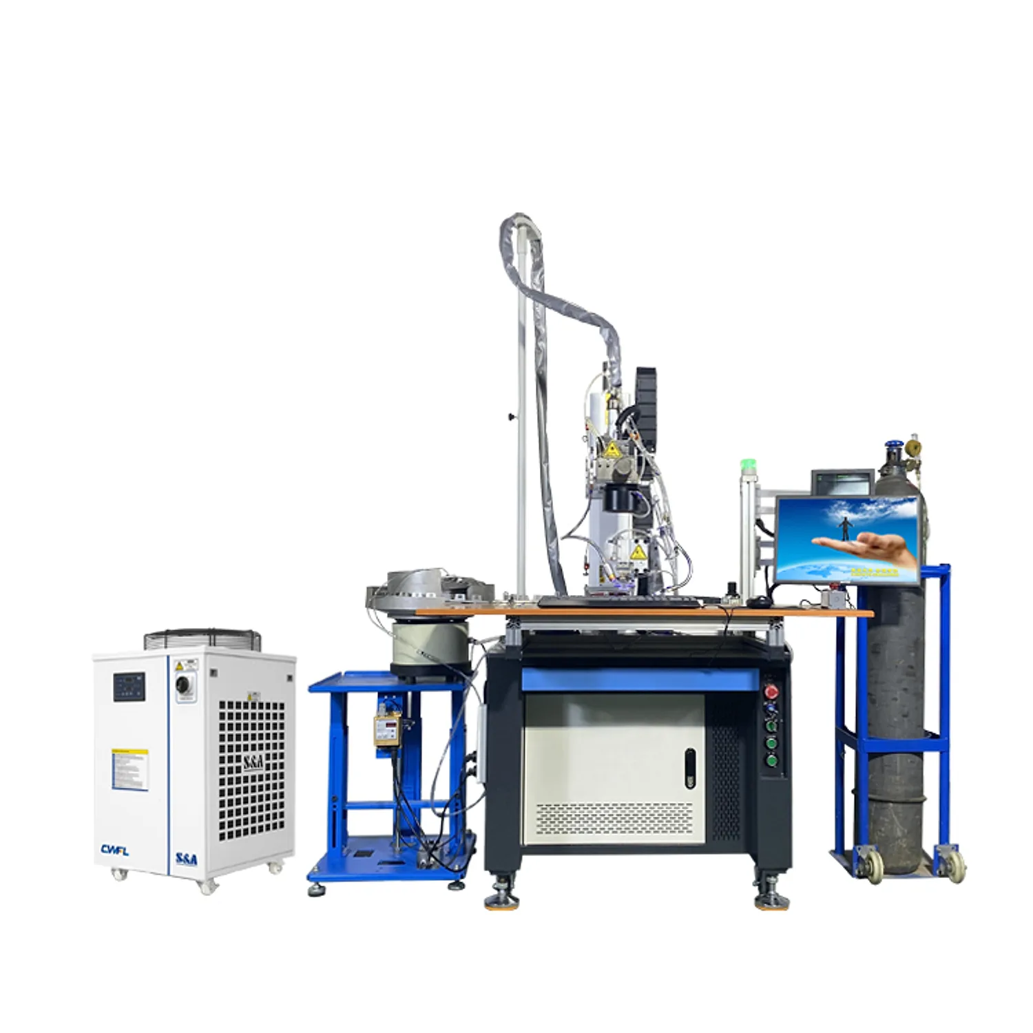Sink clamp laser welding machine with circular fixture, controller, water chiller and shielding-gas cylinder