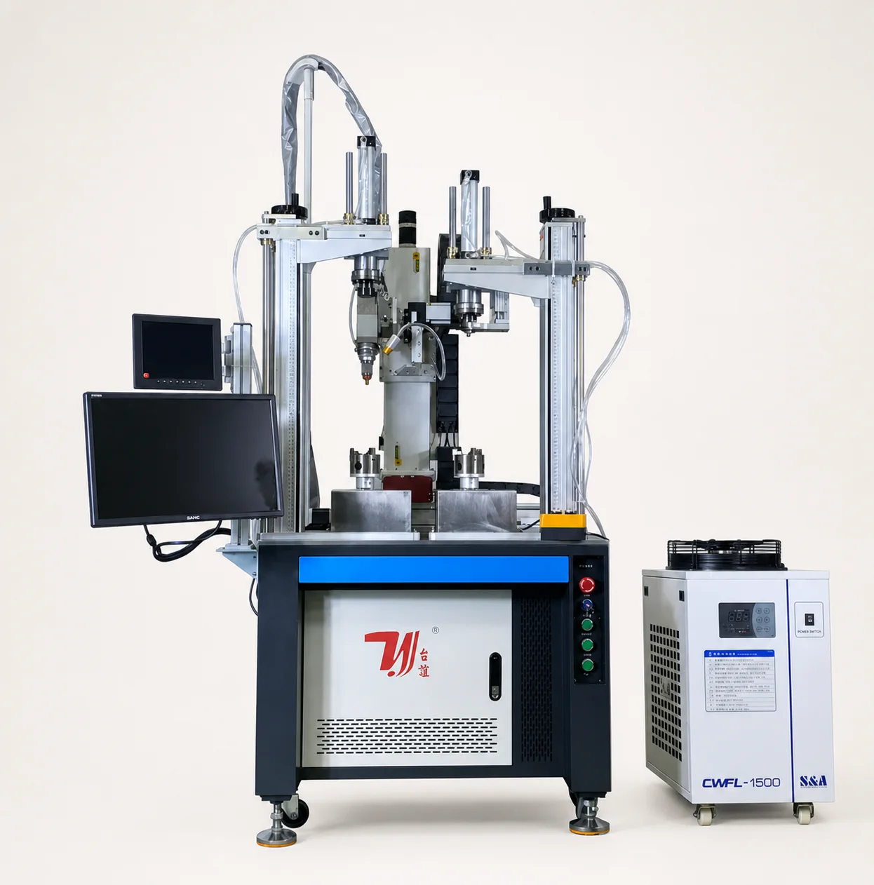 Dual-station tee pipe laser welding machine with two fixture stations, control displays and water chiller